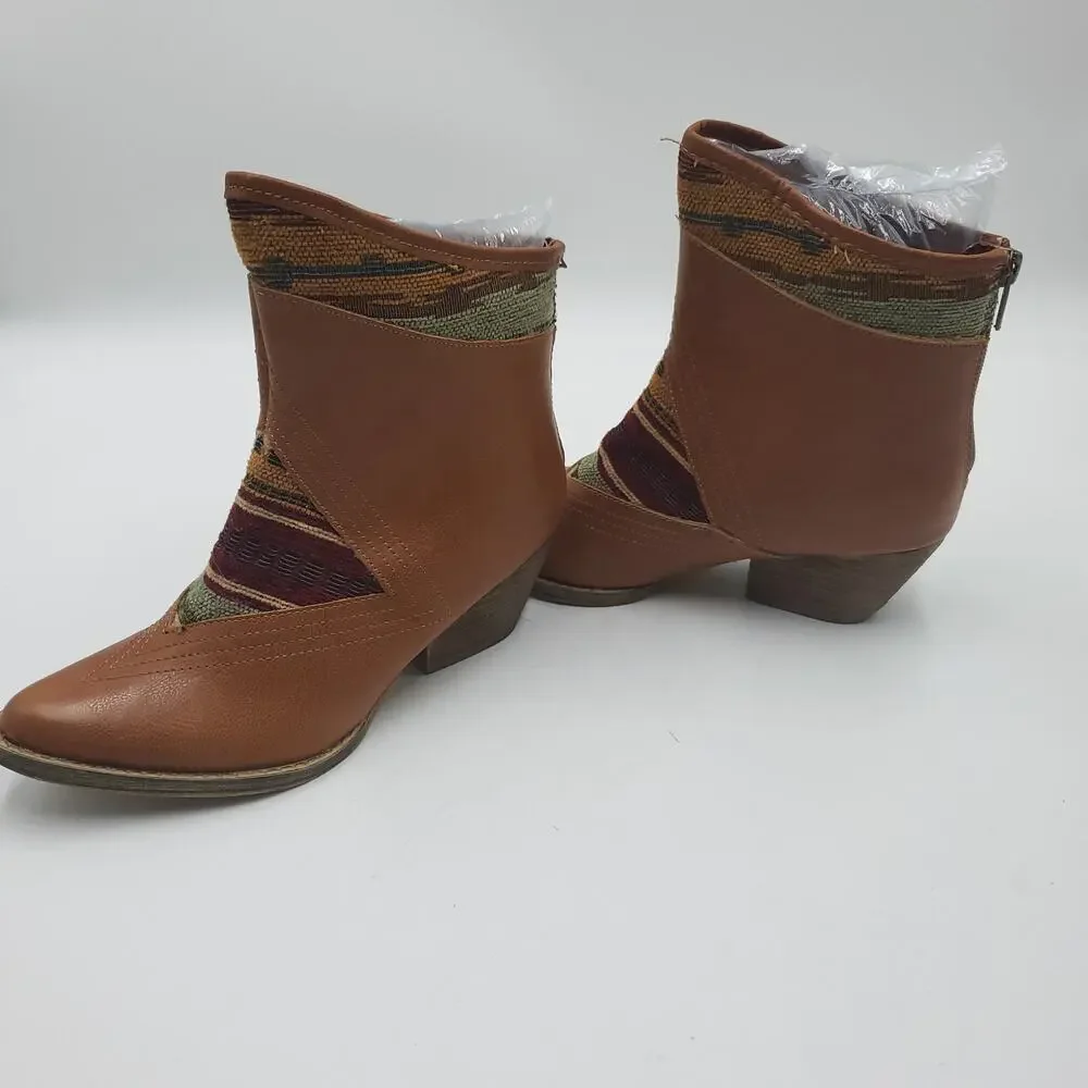Sbicca Cognac Booties with Aztec Print Fabric Western Booties Size 6